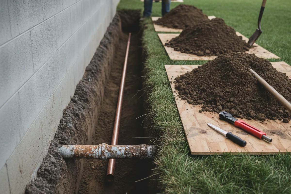 Excavated water line trench during Sewer Line Repair in Cedar Glen